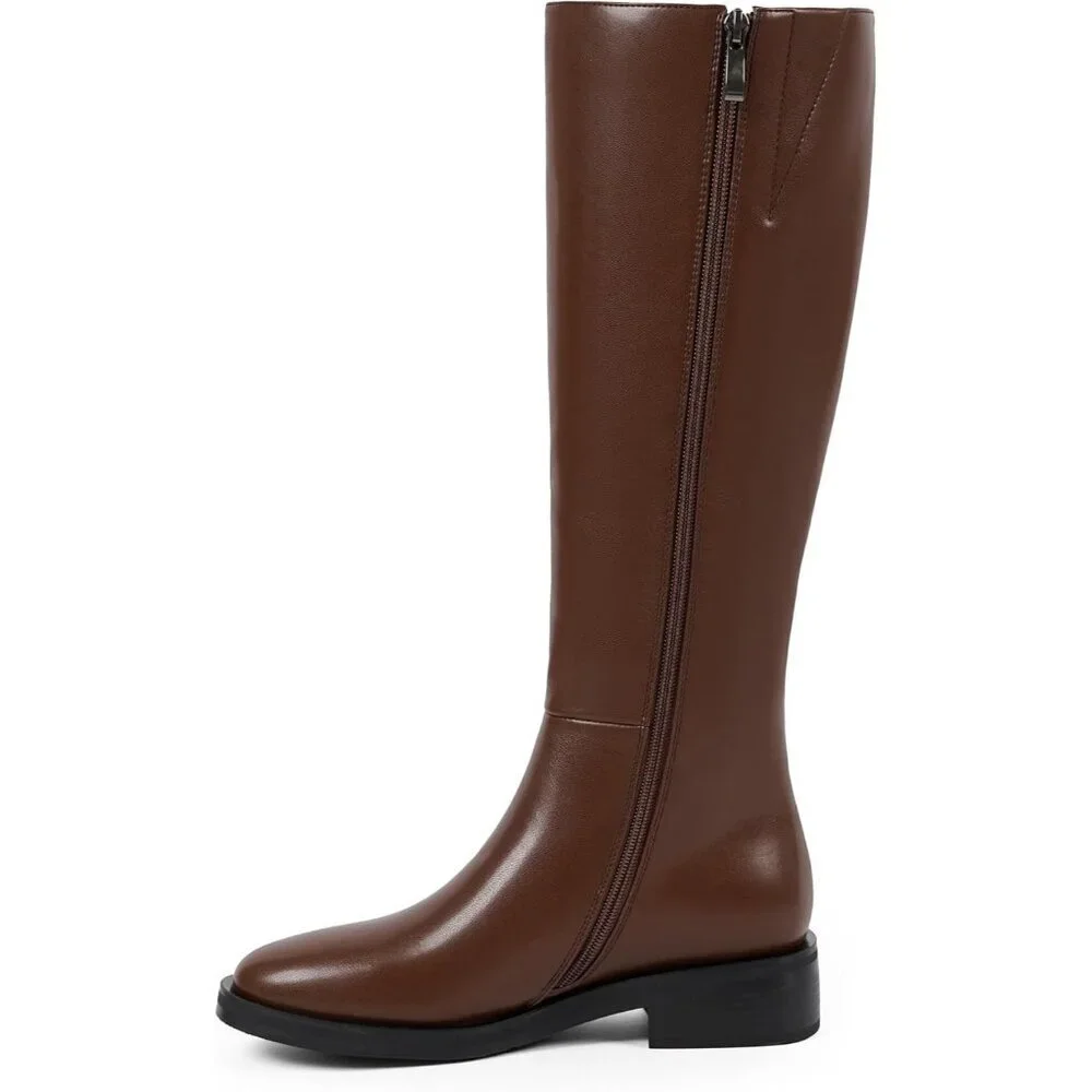 Women Polyurethane Brown Round Toe Flat Heel Side Zipper Knee High Tall Boots
